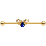14G Blue Gem Gold Tone Beautiful Bee Industrial Barbell 38mm