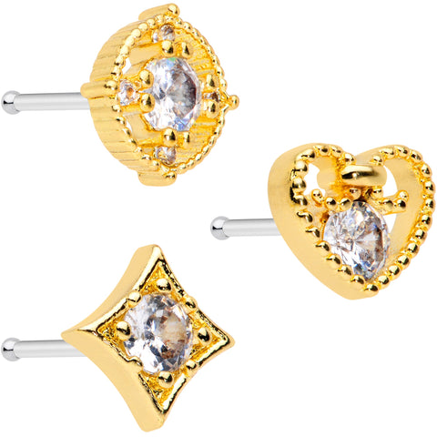 20G 1/4 Clear CZ Gem Gold Tone Circle Heart Nose Bone Set of 3