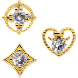 20G 1/4 Clear CZ Gem Gold Tone Circle Heart Nose Bone Set of 3