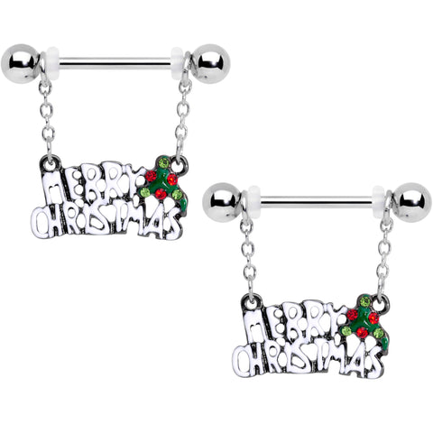 14G 11/16 Red Gem Merry Christmas Dangle Nipple Ring Set