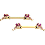 14G 9/16 Clear Purple Gem Gold Hue Dainty Dolphin Nipple Ring Set