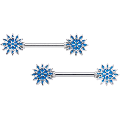 14G 9/16 Blue Winter Snowflake Christmas Barbell Nipple Ring Set