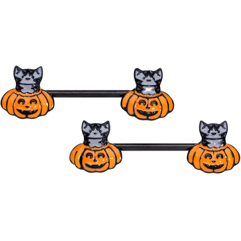 14G 9/16 Black Cat Surprise Pumpkin Halloween Nipple Ring Set