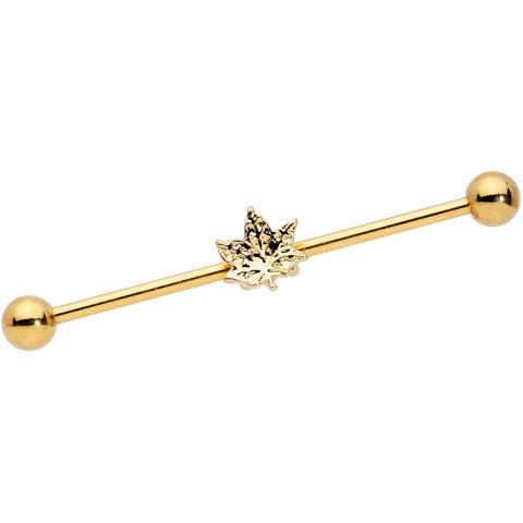 14G Golden Pot Leaf Industrial Barbell 38mm