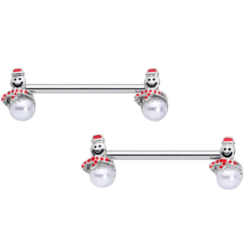 14G 5/8 Pearlescent Orb Snowman Christmas Barbell Nipple Ring Set