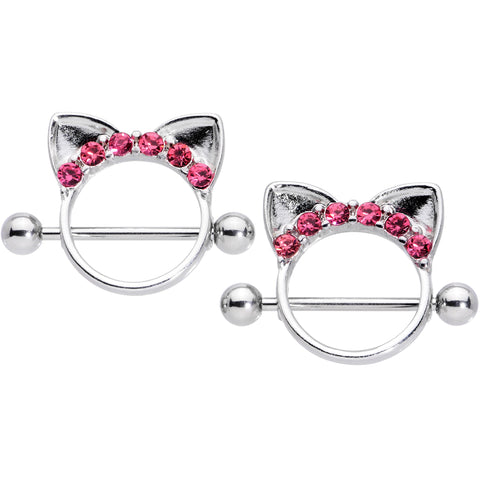 14G 9/16 Pink Gem Kitty Cat Ears Nipple Shield Set