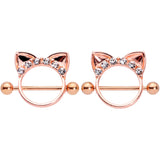14G 9/16 Clear Gem Rose Gold Hue Kitty Cat Ears Nipple Shield Set