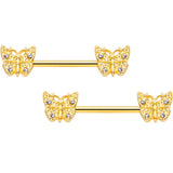 14G 9/16 Clear Gem Gold Tone Baroque Butterfly Nipple Ring Set