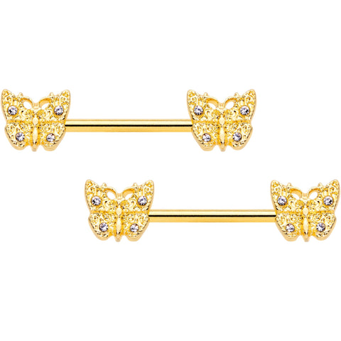14G 9/16 Clear Gem Gold Tone Baroque Butterfly Nipple Ring Set