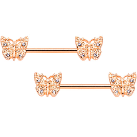 14G 9/16 Clear Gem Rose Gold Tone Butterfly Nipple Ring Set