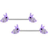 14G 9/16 Clear Gem Purple Easter Bunny Barbell Nipple Ring Set