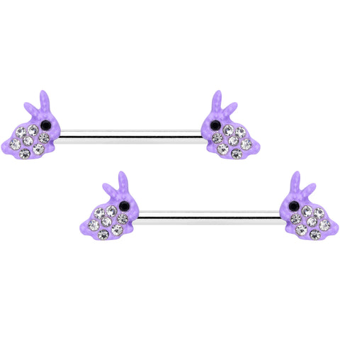 14G 9/16 Clear Gem Purple Easter Bunny Barbell Nipple Ring Set