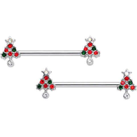 14G 11/16 Clear Red Green Gem Christmas Tree Nipple Ring Set