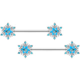 14G 5/8 Aqua Gem Winter Snowflake Christmas Nipple Ring Set