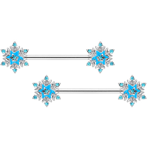 14G 5/8 Aqua Gem Winter Snowflake Christmas Nipple Ring Set
