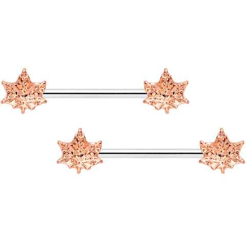 14G 5/8 Rose Gold Tone Pot Leaf Barbell Nipple Ring Set
