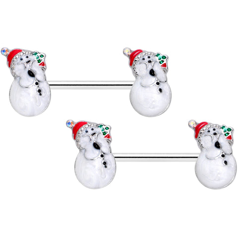 14G 9/16 Clear Gem Snowman Christmas Barbell Nipple Ring Set