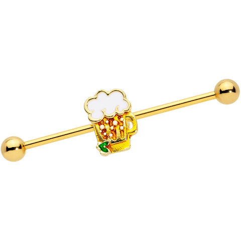14G Gold Tone St Patricks Day Beer Mug Industrial Barbell 38mm