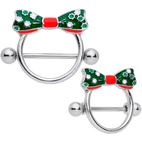 14G 11/16 Green Red Polka Dot Bow Christmas Nipple Shield Set