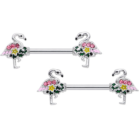 14G 9/16 Pink Gem Funky Flamingo Barbell Nipple Ring Set
