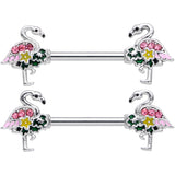 14G 9/16 Pink Gem Funky Flamingo Barbell Nipple Ring Set