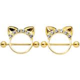 14G 9/16 Clear Gem Gold Tone Kitty Cat Ears Nipple Shield Set