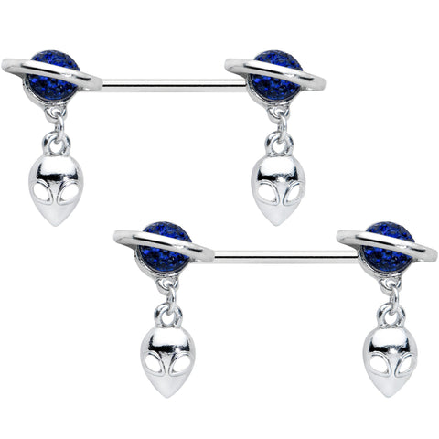 14G 9/16 Alien Dangle Blue Saturn Barbell Nipple Ring Set