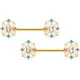 14G 9/16 White Synth Opal Gold Tone Web Barbell Nipple Ring Set