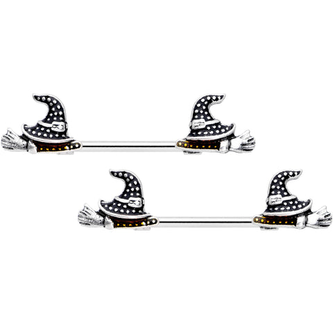 14G 9/16 Yellow Gem Witch Hat Broom Halloween Nipple Ring Set