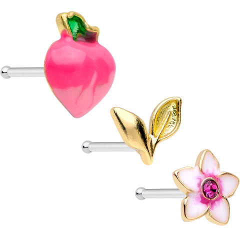 20G 1/4 Pink Gem Berry Leaves Spring Flower Nose Bone Set of 3
