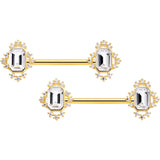14G 9/16 Clear Gem Gold Tone Regal Rectangle Nipple Ring Set