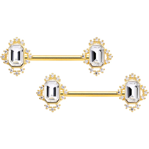 14G 9/16 Clear Gem Gold Tone Regal Rectangle Nipple Ring Set