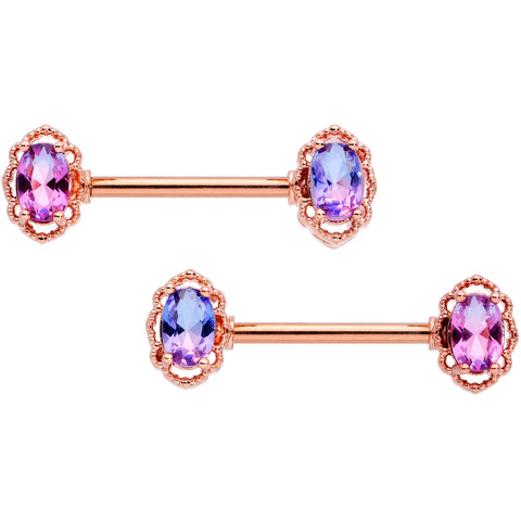 14G 9/16 Purple Tourmaline Rose Gold Tone Nipple Ring Set