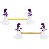 14G 9/16 Gold Tone Ghost Witch Halloween Barbell Nipple Ring Set