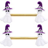 14G 9/16 Gold Tone Ghost Witch Halloween Barbell Nipple Ring Set