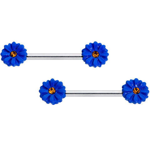14G 9/16 Yellow Gem Blue Sunflower Barbell Nipple Ring Set