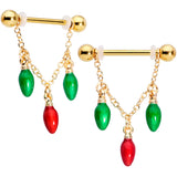 14G 9/16 Gold Tone Bulb Christmas Chain Dangle Nipple Ring Set