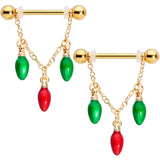 14G 9/16 Gold Tone Bulb Christmas Chain Dangle Nipple Ring Set