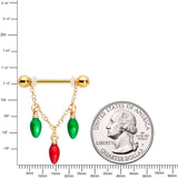 14G 9/16 Gold Tone Bulb Christmas Chain Dangle Nipple Ring Set