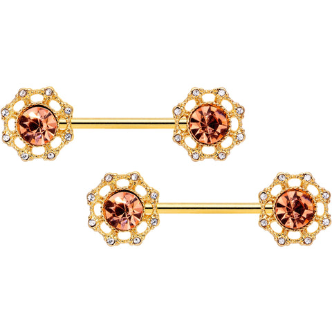 14G 9/16 Clear Pink CZ Gem Gold Tone Sunburst Nipple Ring Set