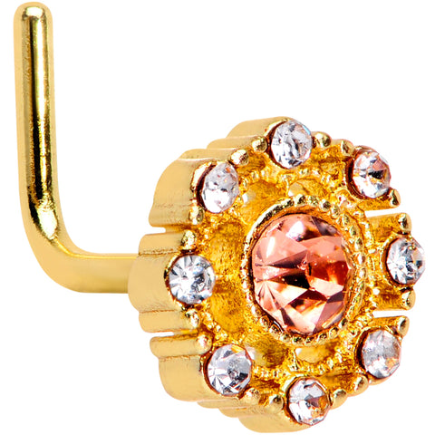 20G 1/4 Pink Clear CZ Gem Gold Tone Sunburst L Shape Nose Ring