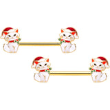 14G 9/16 Gold Tone Cat Santa Christmas Barbell Nipple Ring Set