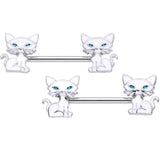 14G 9/16 Blue Eyed White Cat Barbell Nipple Ring Set