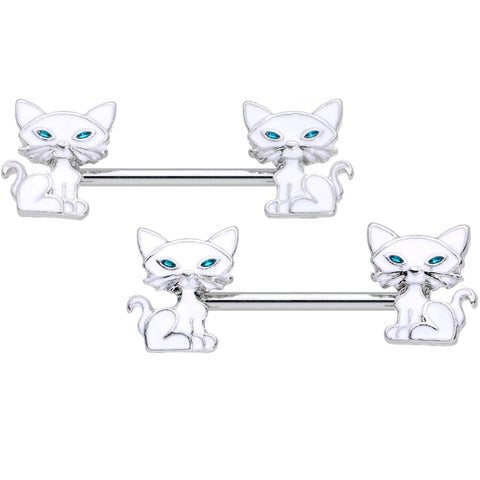 14G 9/16 Blue Eyed White Cat Barbell Nipple Ring Set