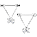 14G 11/16 Clear CZ Gem Beauty Bow Chain Dangle Nipple Ring Set
