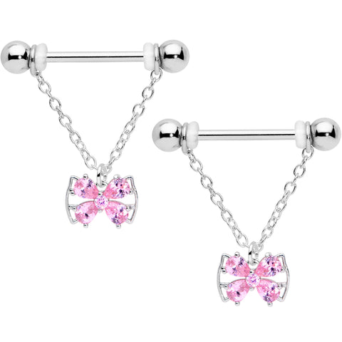 14G 11/16 Pink CZ Gem Beauty Bow Chain Dangle Nipple Ring Set