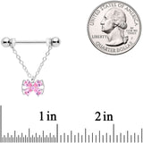 14G 11/16 Pink CZ Gem Beauty Bow Chain Dangle Nipple Ring Set