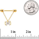 14G 11/16 Clear CZ Gem Gold Hue Beauty Bow Chain Nipple Ring Set