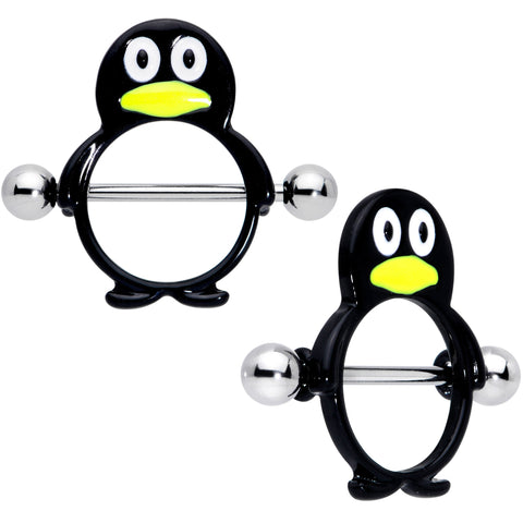 14G 9/16 Black White Penguins Nipple Shield Set