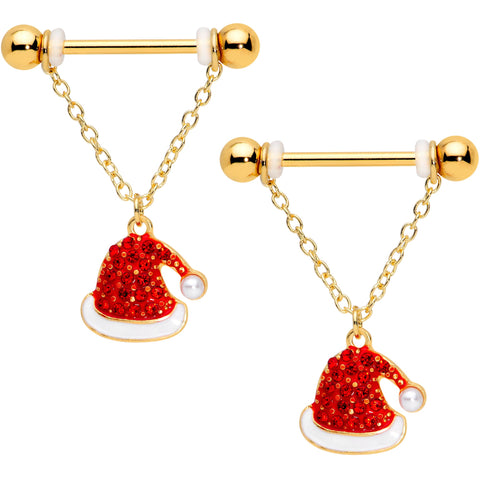 14G 9/16 Red Gem Gold Tone Santa Christmas Dangle Nipple Ring Set